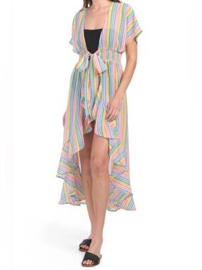 Pastel Rainbow Stripe Tie-Front Swim Cover-Up